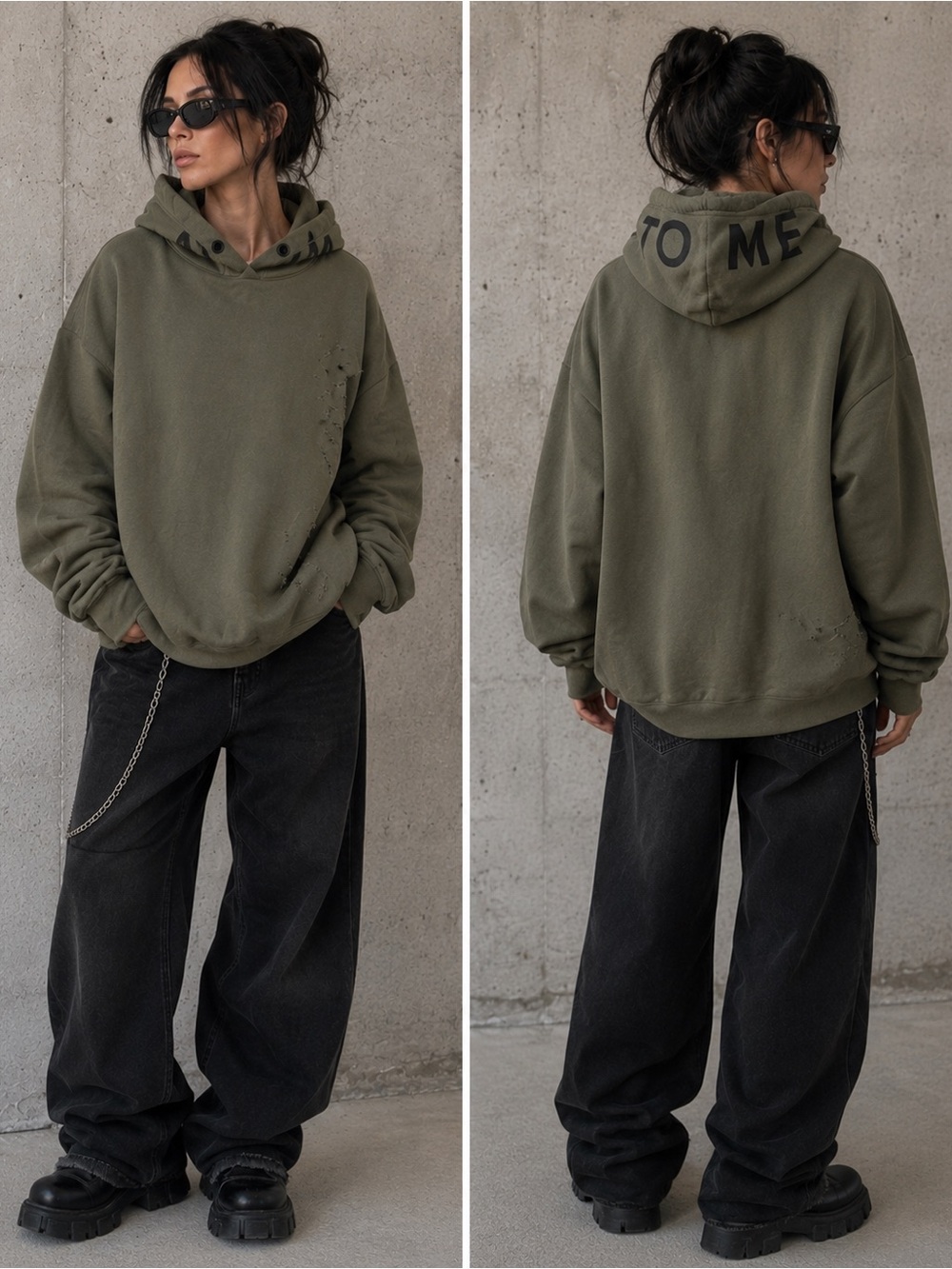 Pull & Bear‎ olive Green Distressed Oversized Hoodie “HOLD ON TO ME” small
